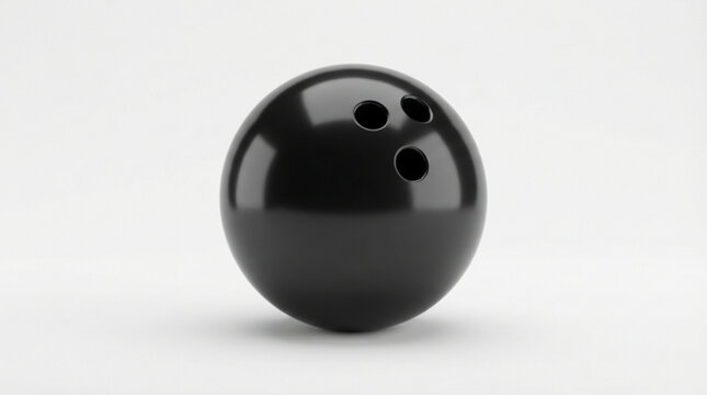 A smooth black bowling ball featuring three finger holes isolated on a clean white background for a minimalist sports with against bright minimalist