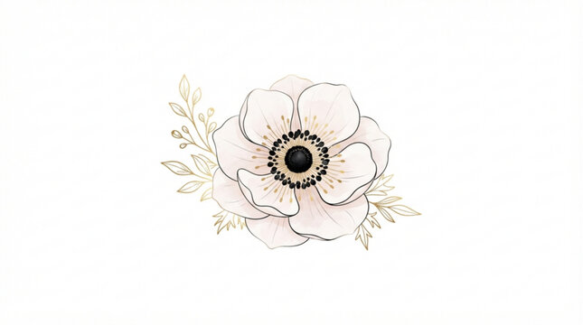 Elegant hand drawn anemone flower illustration with gold foliage accents on a minimalist white background for sophisticated botanical design projects
