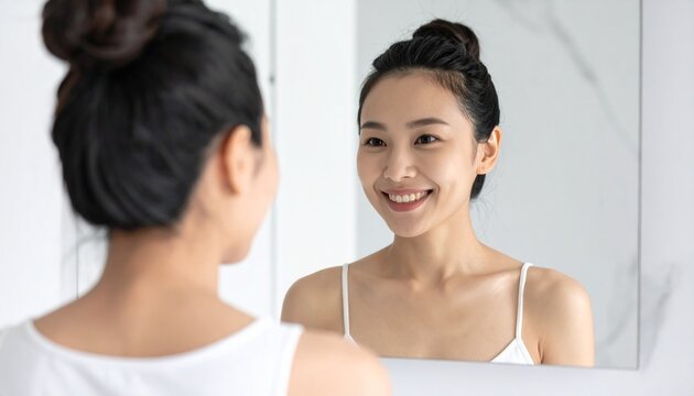 Asian woman looking at mirror with confidence. Skincare routine and beauty self care.