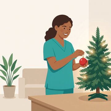 Person Decorating Small Christmas Tree with Red Bauble