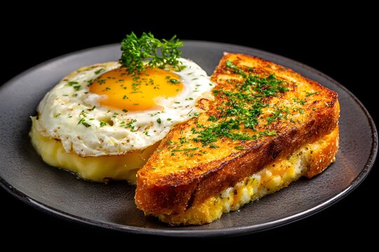 Croque madame, tiast egg cheese with mased potato