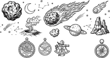 Space exploration collection with planets meteorites and vintage navigation instruments astronomy universe navigation asteroid exploration instrument celestial illustration moonlight © Kanon Islam