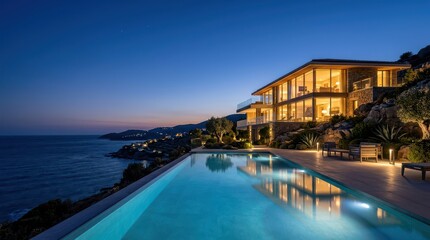 Fototapeta premium Cliffside modern house with infinity pool overlooking sea at twilight