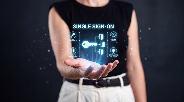 Businesswoman Holding Single Sign-On Key Hologram