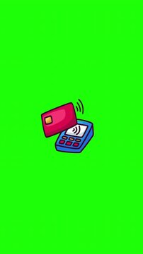 Animated card tap payment terminal doodle icon, hand-drawn flat vector line art with wiggle effect, looping motion graphic for POS and cashless design.