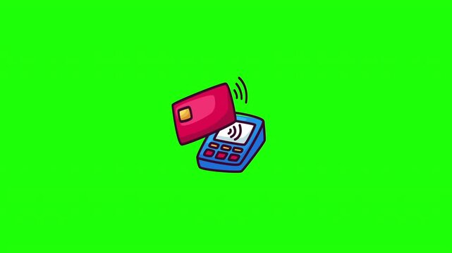 Animated card tap payment terminal doodle icon, hand-drawn flat vector line art with wiggle effect, looping motion graphic for POS and cashless design.
