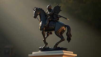 Fototapeta premium Bronze knight statue dismounting horse on stone pedestal, dramatic lighting.