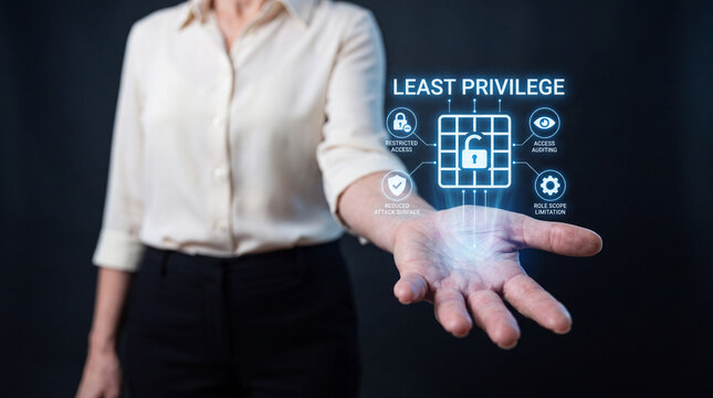Least Privilege Cybersecurity Hologram Held by Businesswoman