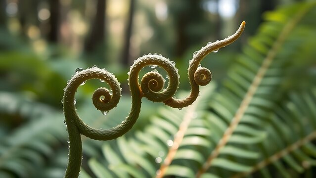 Silver fern frond unfurling with dewdrops in a rainforest.