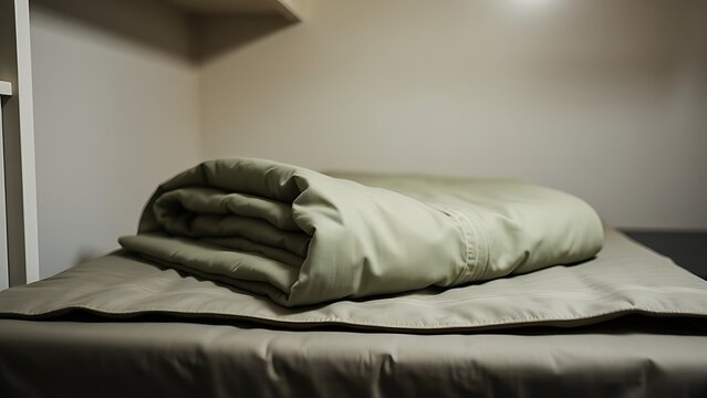 A perfectly folded blanket with sharp corners on a minimalist military bed.