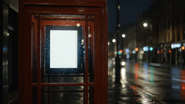 Blank Lightbox Inside Red Phone Booth on Rainy City Street at Night