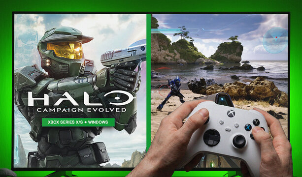 Halo Campaign Evolved Key Art and Gameplay Displayed on TV Screen with Xbox Controller Held in Hands