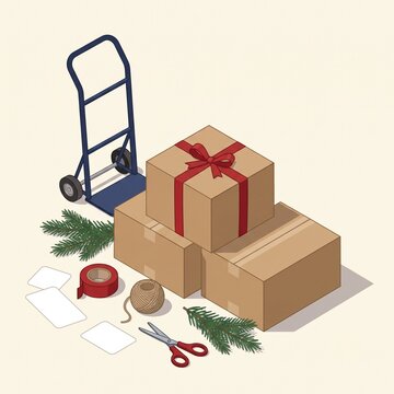 Christmas Moving Boxes and Gift on Hand Truck