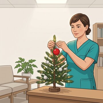 Person Hanging Red Bauble on Small Christmas Tree Indoors