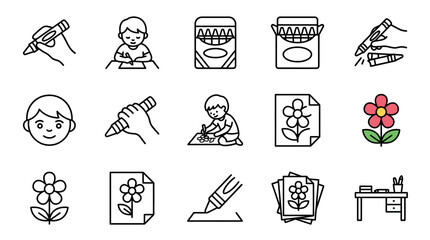 Fototapeta premium Creative Black and White Line Drawing Set Featuring Children Art Supplies and Educational Activities
