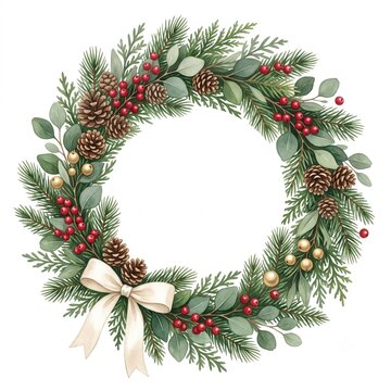 Christmas Evergreen Wreath with Berries and White Bow