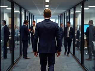 Fototapeta premium Generative AI depicts a business professional walking through a modern office corridor