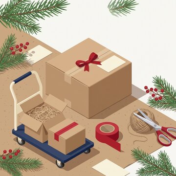 Christmas Packing Station with Boxes and Hand Truck