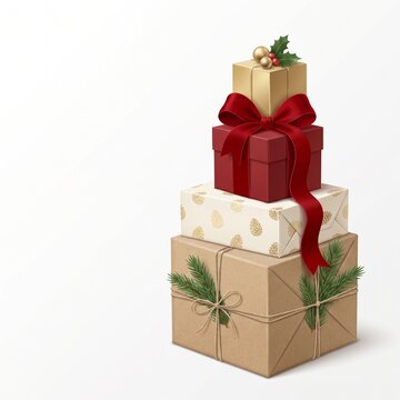 Stacked Christmas Gift Boxes with Ribbons and Greenery