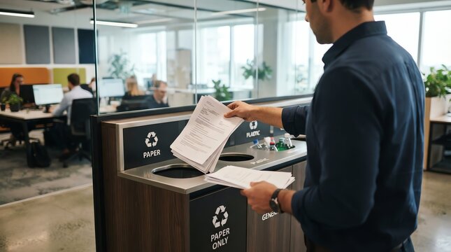 Office Employee Recycling Paper Waste into Bin in a Modern Workplace