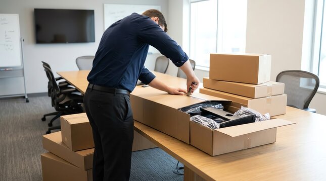 Office employee unpacking new computer equipment from cardboard boxes on a conference room table