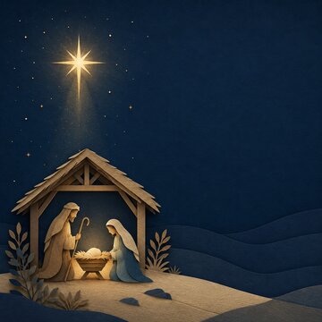 Wooden Christmas Nativity Under a Glowing Star at Night