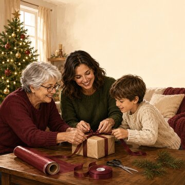 Three People Wrapping a Christmas Present Together
