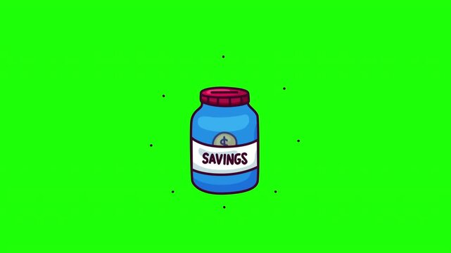 Animated coin jar savings doodle icon, hand-drawn flat vector line art with wiggle effect, looping motion graphic for savings, finance and budget design