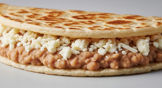 Homemade folded flour tortilla with refried beans and white cheese