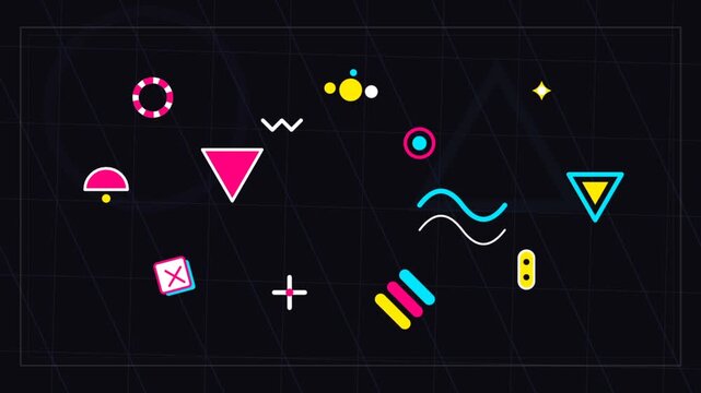 Modern abstract geometric shapes on dark motion background.