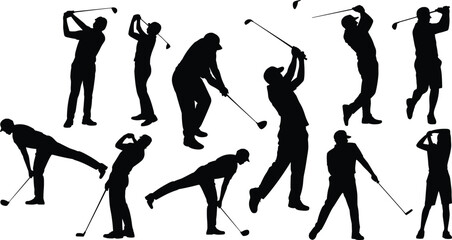 Fototapeta premium Golf player silhouettes set, professional golfer swing poses, sports activity vector collection, isolated black