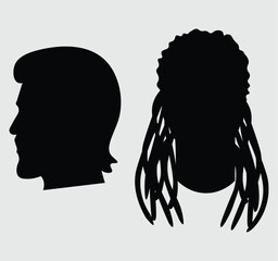  Two black male hair silhouettes featuring a mullet and dreadlocks, isolated for barbershop vector branding © amodha