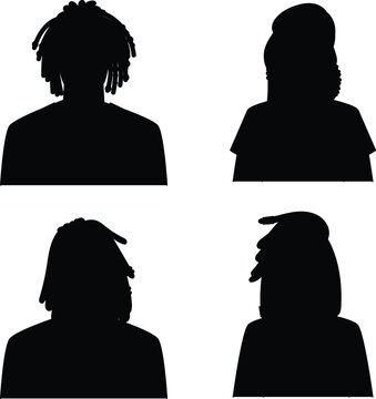 People avatar heads set vector solid black minimalist silhouettes with dreadlocks hairstyles seen from front and back isolated on white.
