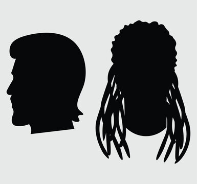  Two black male hair silhouettes featuring a mullet and dreadlocks, isolated for barbershop vector branding