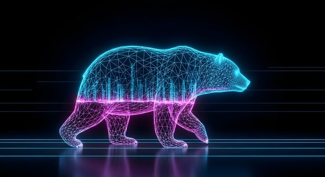 Digital wireframe bear with city skyline interior