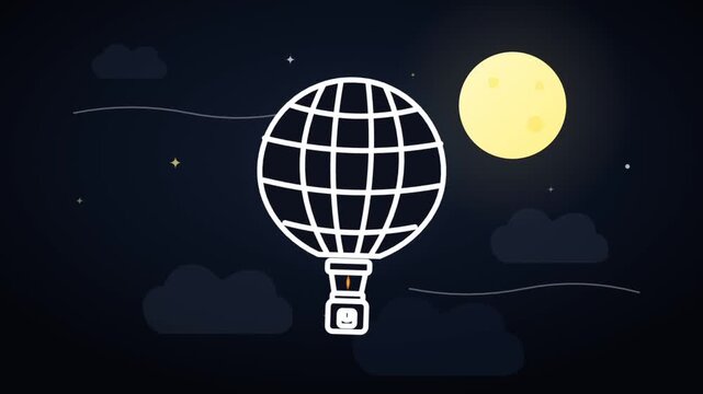 Animated Hot Air Balloon Flying in Night Sky with Full Moon