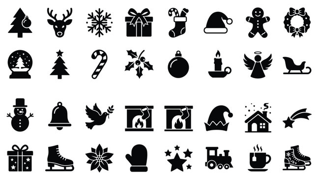 Comprehensive collection of black Christmas and winter holiday vector icons featuring snowflakes, reindeer, trees, ornaments, gift boxes, Santa hats, gingerbread man, and seasonal silhouettes.