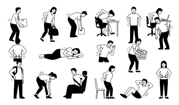 Back Pain People Vector Collection with Medical Poses for Healthcare and Education Isolated on White
