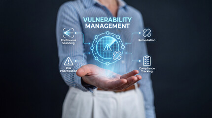 Obraz premium Businesswoman Holding Blue Vulnerability Management Hologram