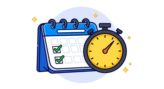 Vibrant cartoon calendar with stopwatch symbolizing planning, scheduling, and time management for productivity and deadlines.