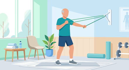 Fototapeta premium Vector illustration of senior man performing shoulder rehabilitation exercises using green resistance band in bright clinic with physical therapy equipment and medical posters.
