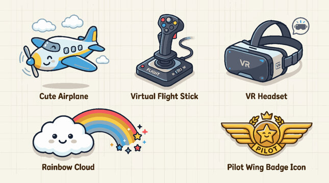 Cute aviation and flight simulation vector icon set featuring airplane joystick VR headset rainbow and pilot badge.