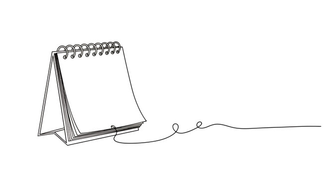 Minimal line drawing of a small desk calendar with a spiral binding on a clean surface.