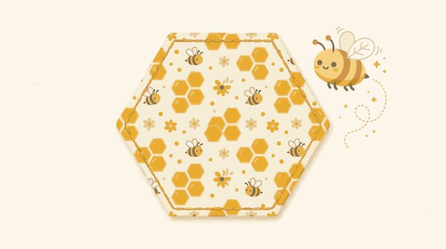 Cute cartoon bee flying next to a hexagonal honeycomb pattern illustration.