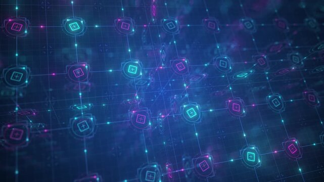 360 Degree Rotating Cybernetic Mainframe Grid with Holographic HUD Interface and Glowing Data Flow. Seamless 3D Tech Schematic Loop for Sci-Fi Gaming Visuals