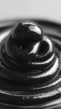 Thick black shilajit resin extract dropping against dark organic background herbal medicine concept