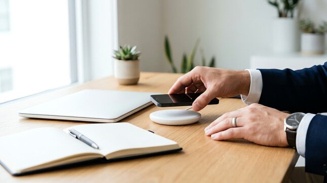 Close-up of a businessman in a suit adjusting his wireless charging pad on a wooden desk next to a laptop and notebook