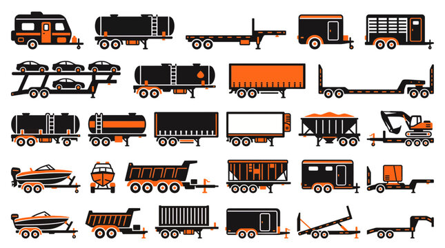 Set of various truck trailer icons including tanker car carrier and boat trailer on white background, representing logistics industry solutions and illustrating heavy freight transit services