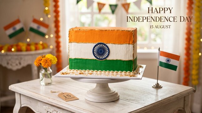 Indian Independence Day cake celebration with tricolor icing. Festive dessert decorated for national holiday party with flags and garlands.