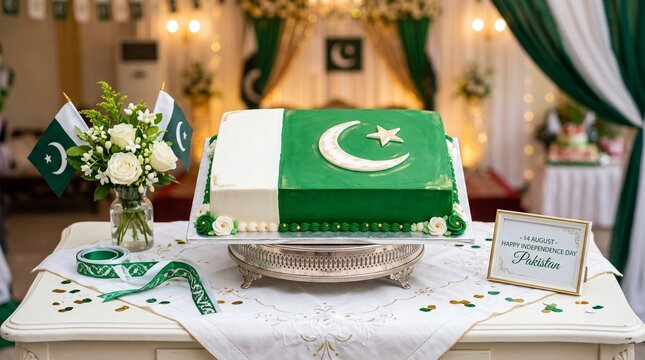 Pakistan flag shaped cake for Independence Day celebration. National dessert with crescent moon and star design for patriotic events.